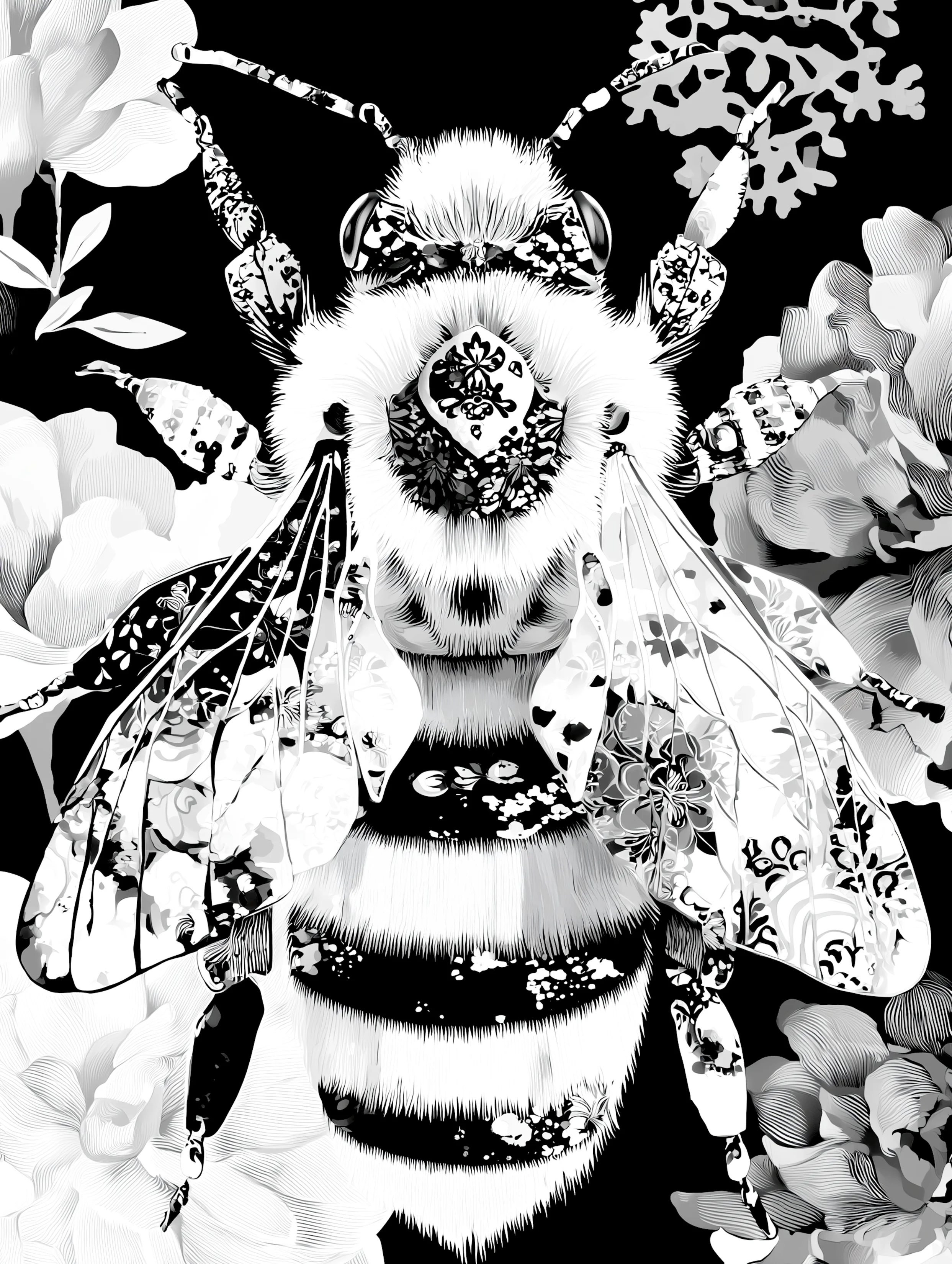 Free printable bee coloring page for adults featuring dark background bee